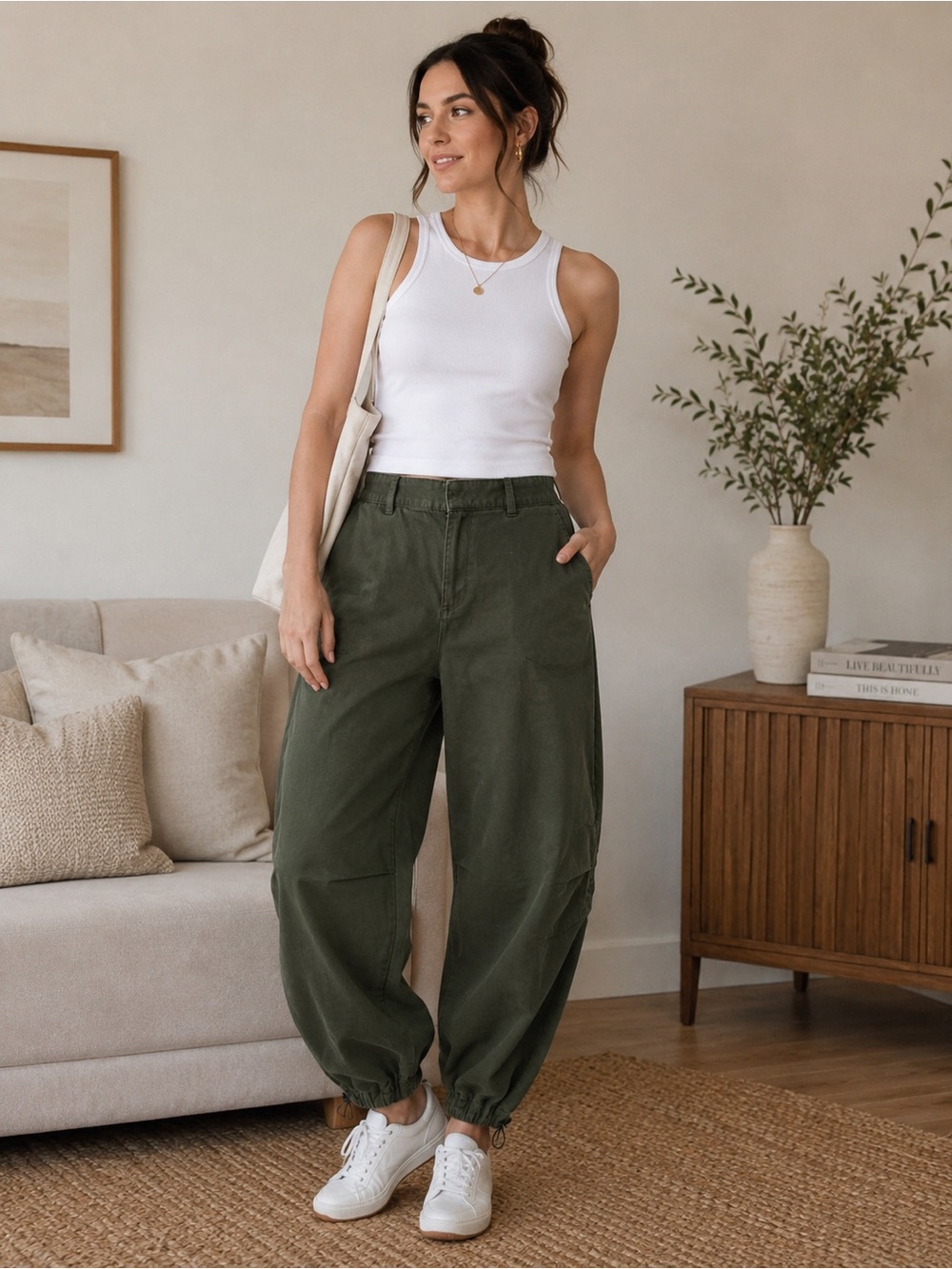 Contemporaine Olive Barrel Jogger Pants Organic Cotton Utility Medium Minimal